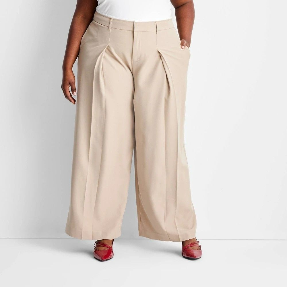 Women's Mid-Rise Wide Leg Contrast Waistband Trousers Future Collective Khaki 2X